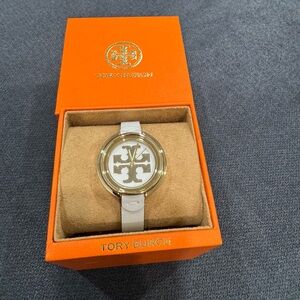 Tory Burch Gold Buckle White Strap Watch